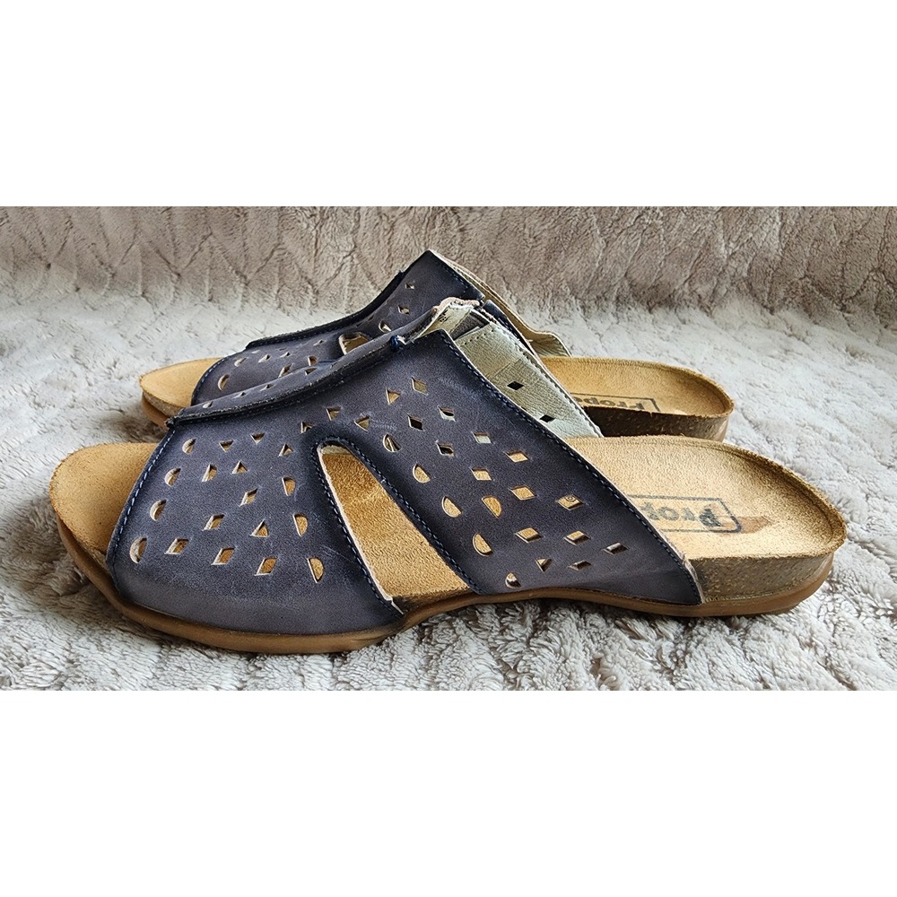 Propet Womens Blue Leather Laser Cut Slide Sandals Size 8 M
